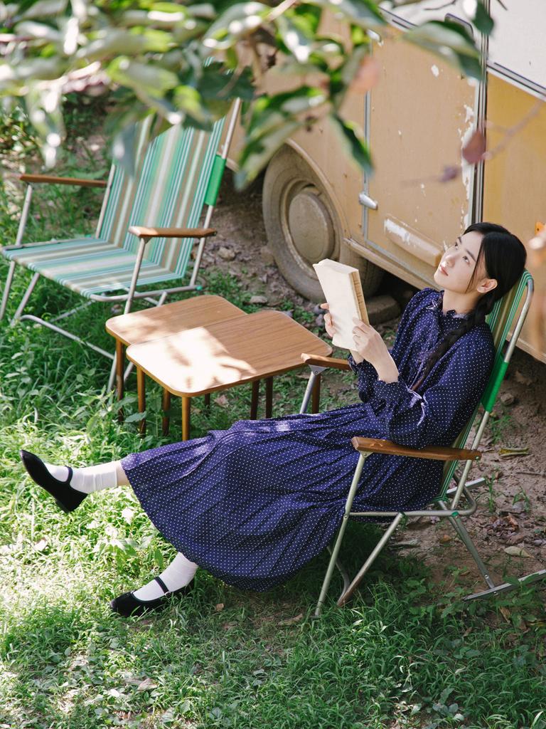 Vincent Navy Dot Pleated Dress_Navy