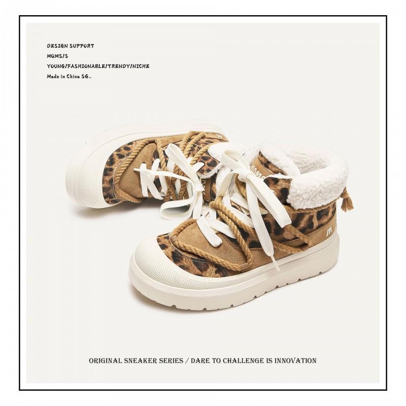 Unisex Winter Snow Boots With Leopard Print Warm Faux Fur Lining Rubber Sole Short Shaft Round Toe Lace-Up