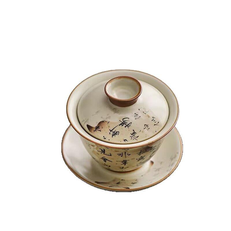 Beige Ru Kiln Three-Color Cover Bowl, Single Tea Bowl, Not Hot, High-End Kung Fu Tea Set, Guofeng Cat Ceramic Cup With Lid