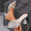 Fashion Fashionable Versatile High Heel Slippers Pointed Toe Rhinestone Decorated One-piece Strap Sandals Casual Elegant Ladies Shoes