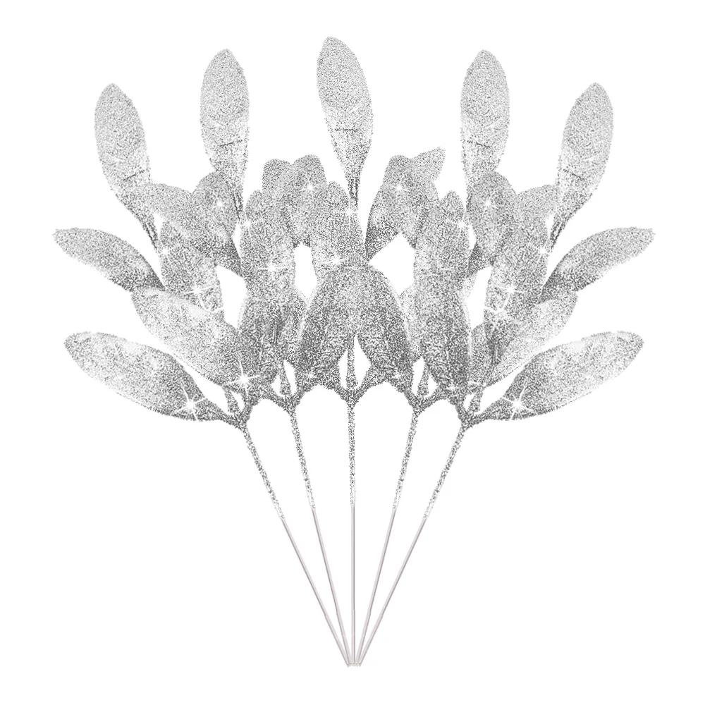 

Christmas Glitter Leaves Bay Leaves Artificial Gold Sprays Giltter Stems Christmas Tree DIY Xmas Wreath Garland Home Decoration 1PC серебряный