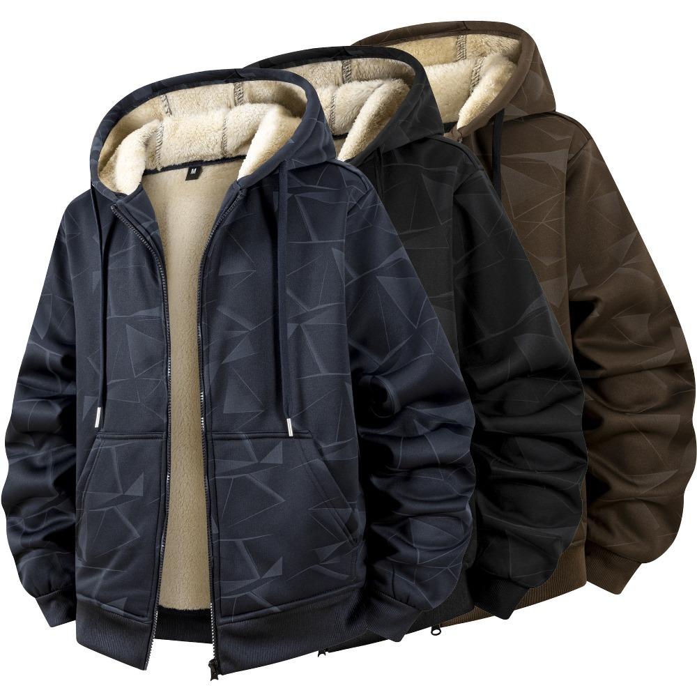Men’s Plus-Size Fleece-Lined Hooded Casual Cardigan Sweatshirt with Lambswool Lining