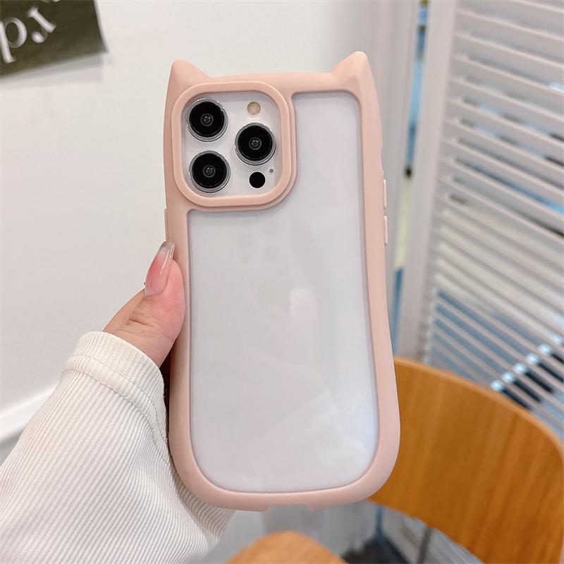 INS Cute Cartoon Cat Ear Clear Acrylic Case For iPhone 15 14 13 12 Pro Max 11 Soft Bumper Shockproof Transparent Hard Back Cover