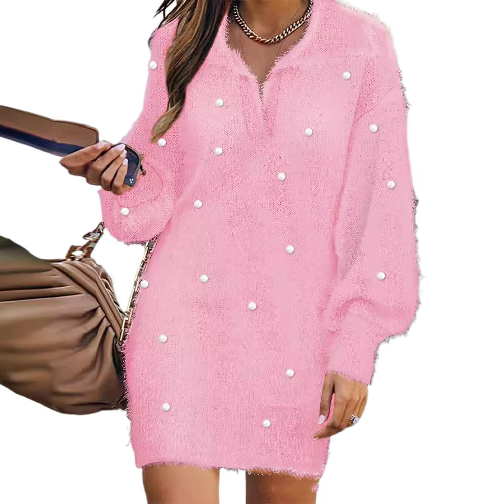 

Женское свободное короткое платье-свитер из кукурузного флиса с длинными рукавами и лацканами из бисера L розовый
