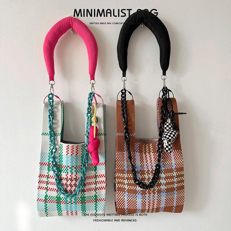 "Niche Colorful Plaid Knitted Shoulder Tote - Large Capacity Versatile Handbag"