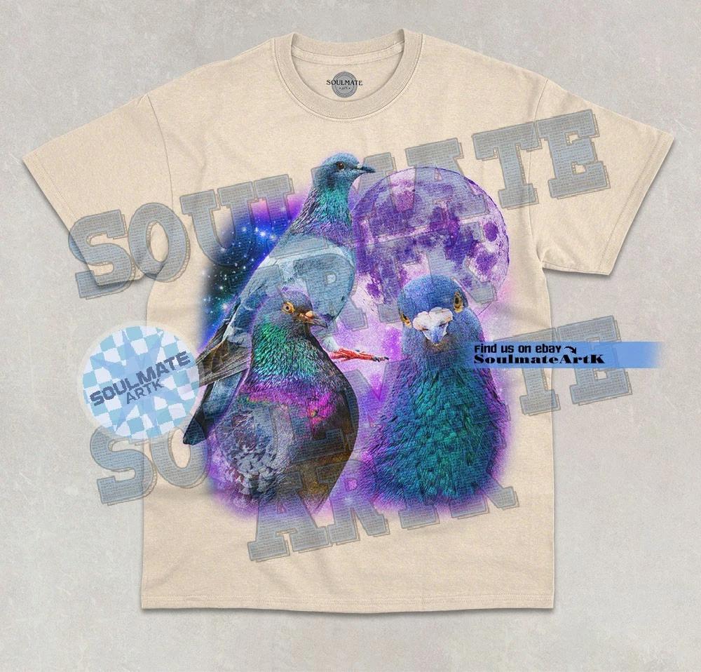 Three Pigeons Moon T- Shirt Funny Meme Pigeon Lover Moon Graphic Unisex Shirt XL