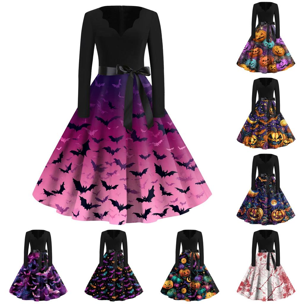Dámské neformální módní halloweenské šaty vintage s výstřihem do V