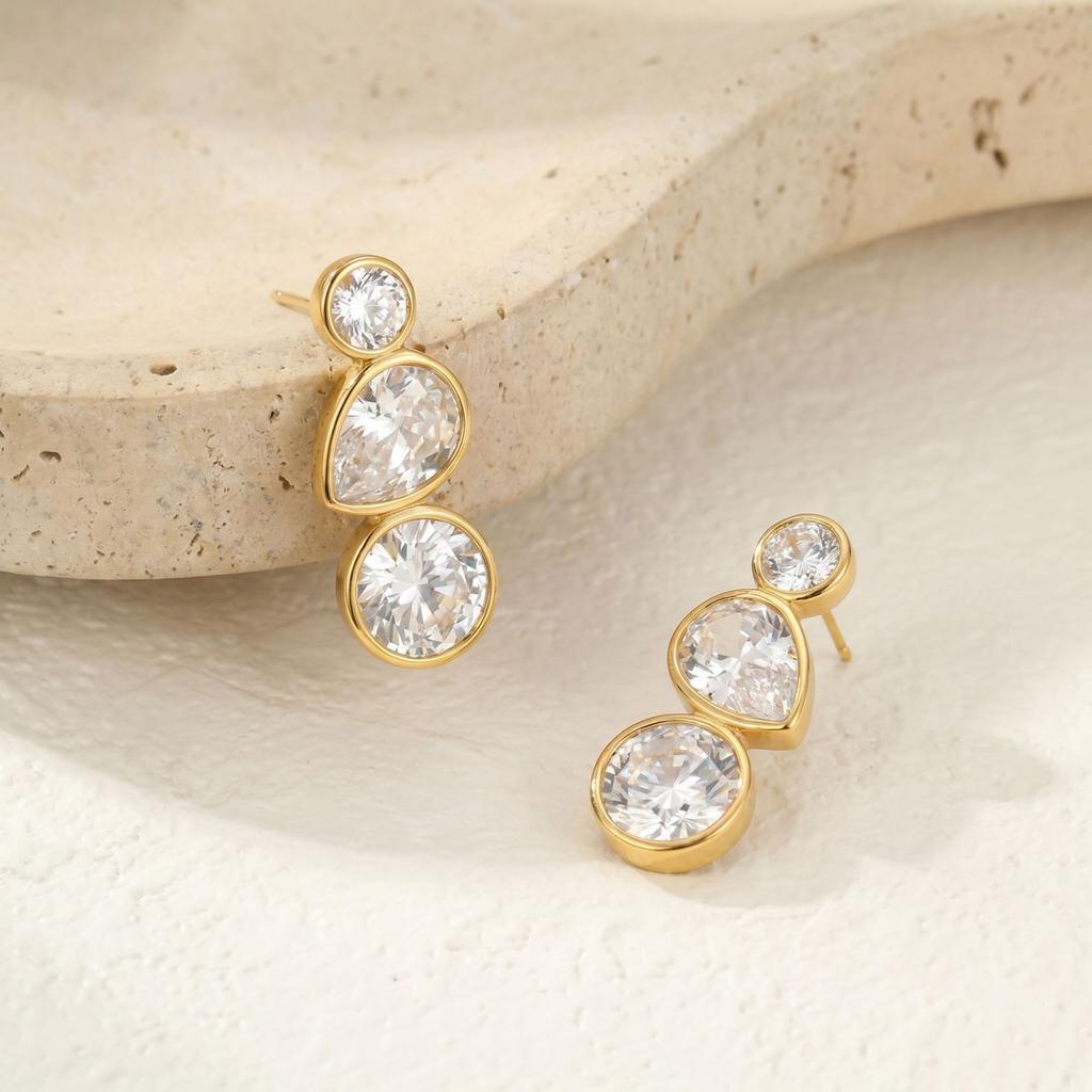 Stainless Steel Mixed Cut CZ Drop Earrings 18K Gold Plated Round Pear Round CZ Dangle Statement Earrings Fashion Jewelry