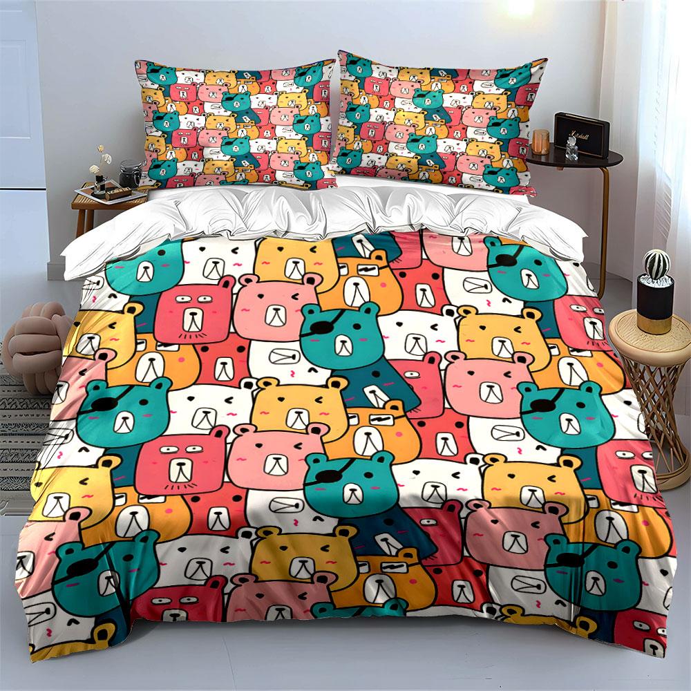 Cartoon Bear Faces Pattern Bedding Duvet Cover Set  (1*Duvet Cover 2*Pillowcases, Without Duvet Insert)