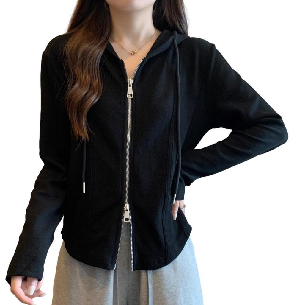 Nibunnoichi Style Cardigan Hooded Size [1/2style] Jacket, Hoodie, Zip-Up Hoodie, Thin, Zippered, Women's (Black, M)