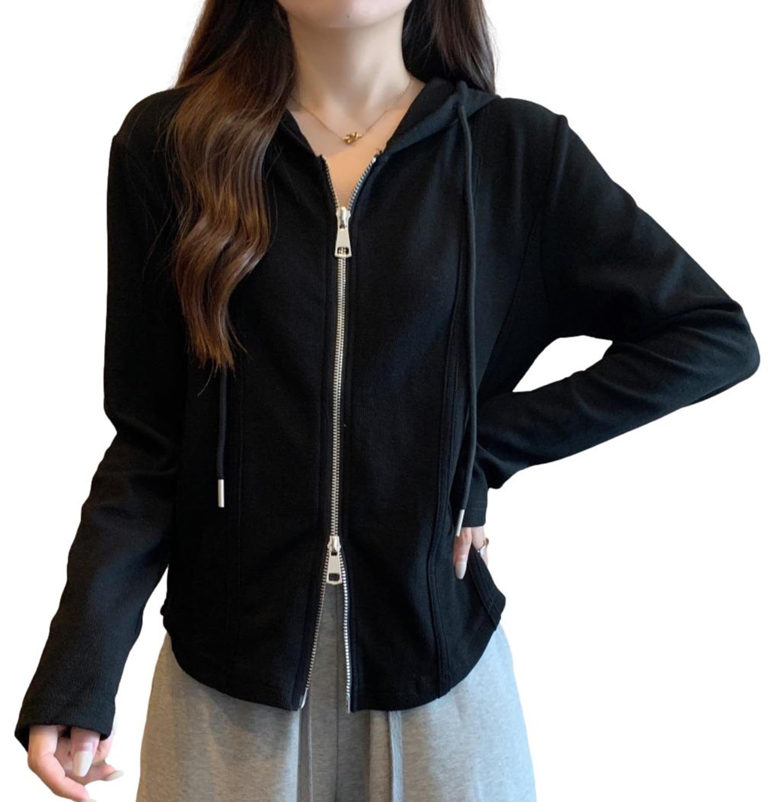 

Nibunnoichi Style Cardigan Hooded Size [1/2style] Jacket, Hoodie, Zip-Up Hoodie, Thin, Zippered, Women s (Black, M) чёрный