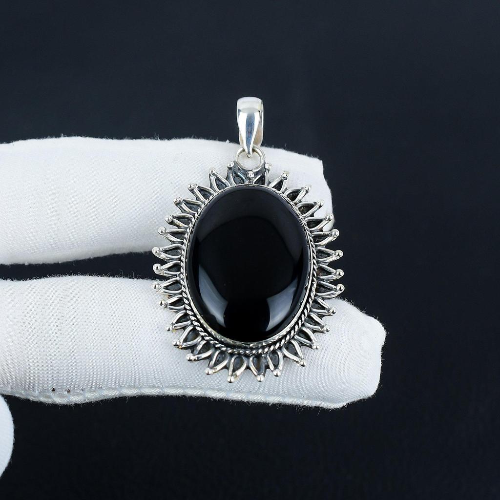 Natural Black Onyx Gemstone Silver Pendant In 925 Sterling Silver - Handmade Oval Design, Everyday Wear Jewelry Thanksgiving Gift