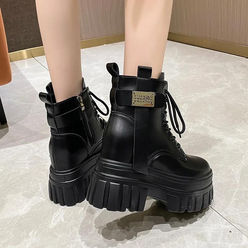 Women's High Platform Boots New Autumn Leather Shoes Woman Motorcycles Boots Women Wedge Heels Warm Ankle Boots Chunky Sneakers