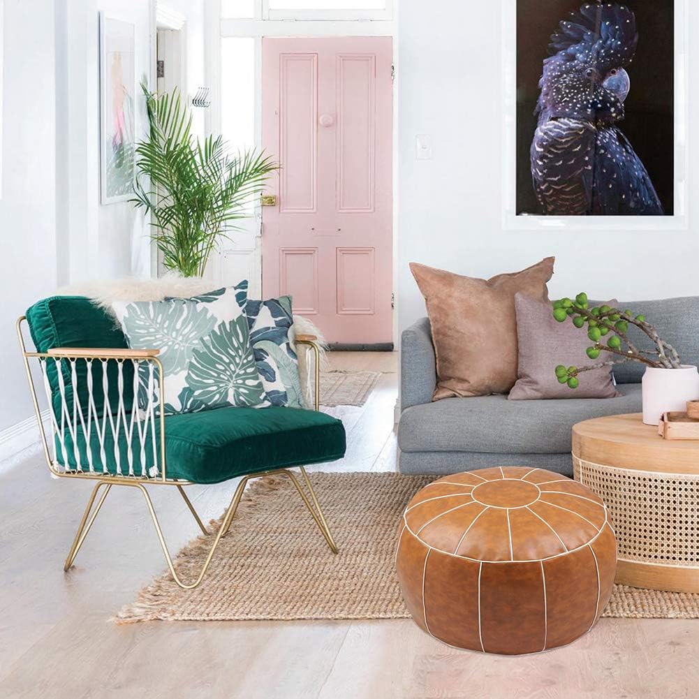 Decorative Pouf Foot Stool Round Unstuffed Leather Ottoman Cushion Storage seat or for Resting Your Feet on, Floor Chair Foot Living Room Bedroom