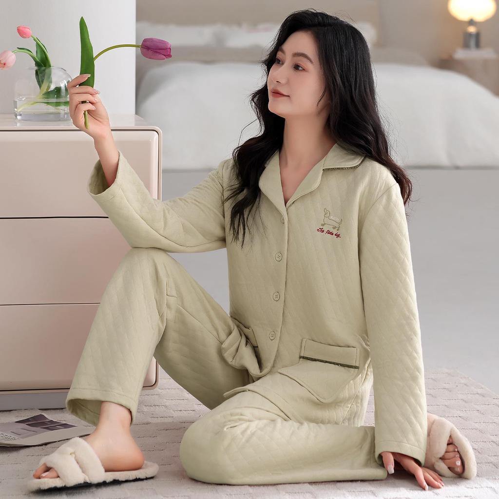 Women's Pure Cotton Thickened Cardigan Pajamas for Autumn/Winter 2025 - Warm Layered Design for Indoor/Outdoor Wear