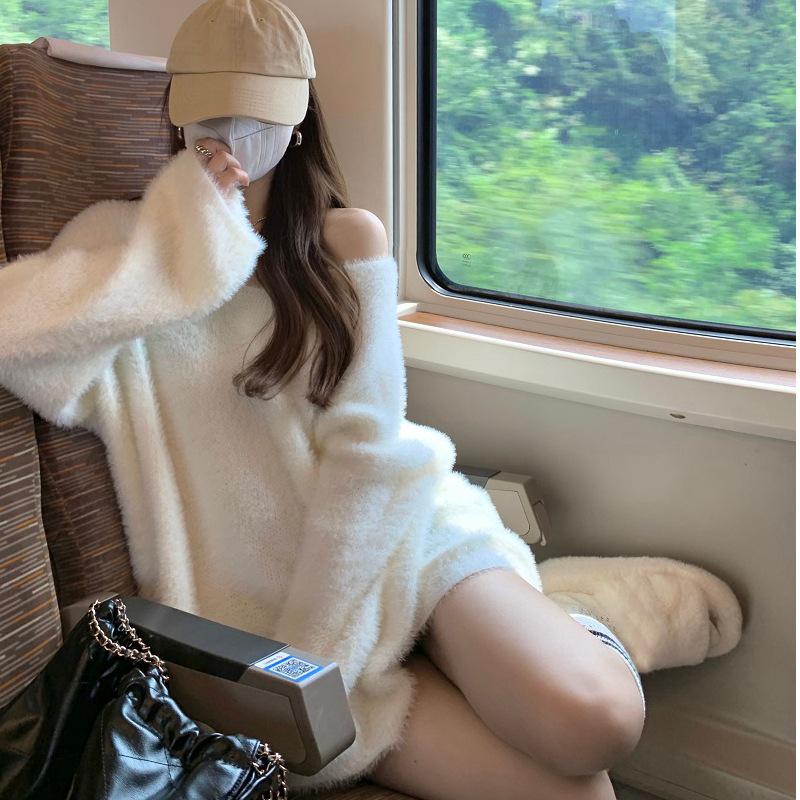 Women's Off-Shoulder Mohair Knit Sweater - Soft, Loose, and Stylish for Autumn/Winter