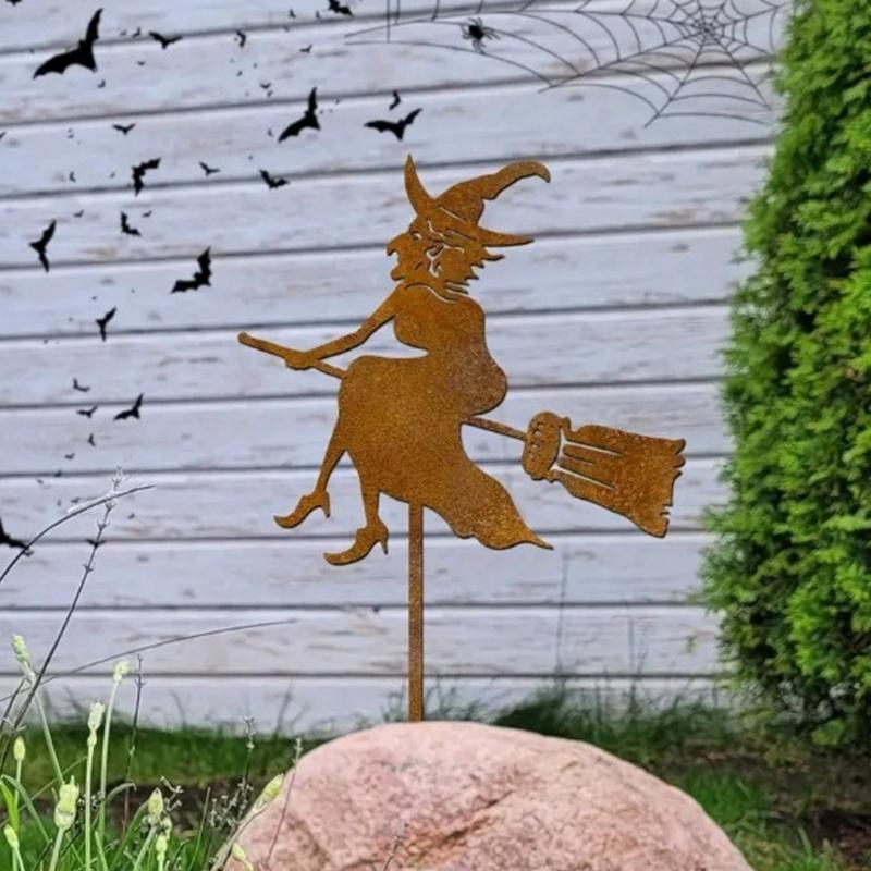 Artistic Flying Antique Rusted Iron Witch Statue Whimsical Yard Ornament Weather Resistant Patios Sculpture For Gardens