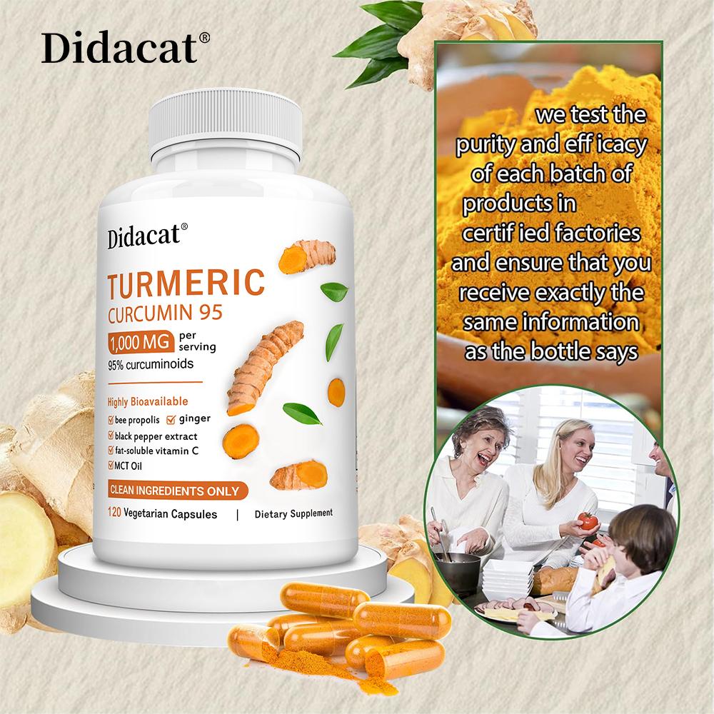 Curcumin Capsules 1000mg 6-in-1 Formula Contains 95% Curcumin+Propolis+Ginger+Black Pepper to Protect Immune Joints and Digestive Health 120 Capsules