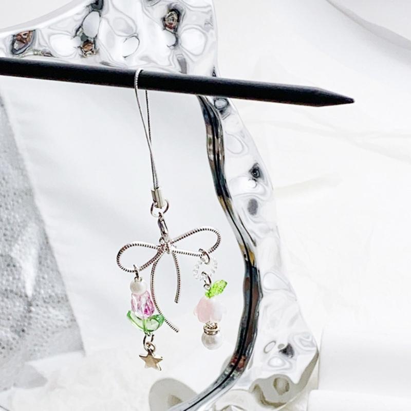 Lovely Beaded Bowknot Phone Strap Charm Pendant with Star Accents Sturdy Handbag Adornment Craft Supplies for Girls