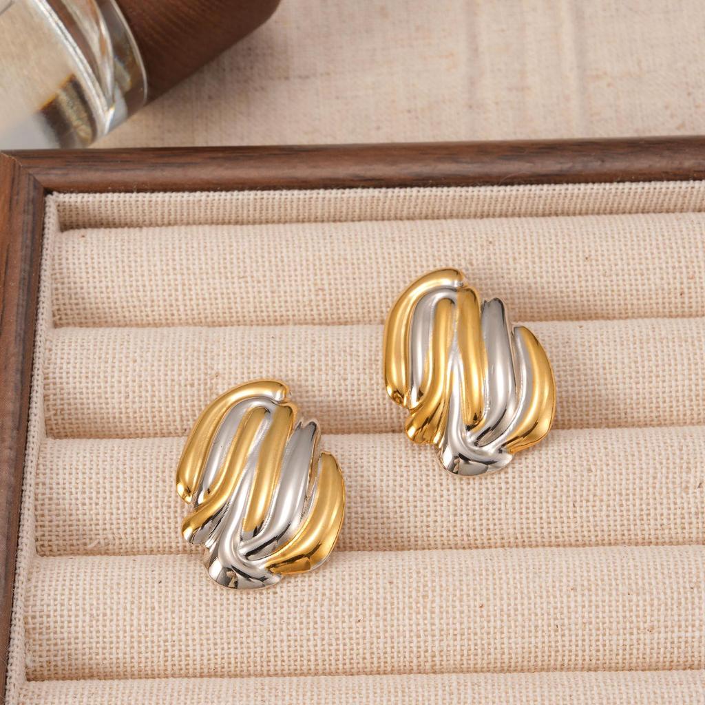 Gold and Silver Stainless Steel Ear Studs with Color Block Design