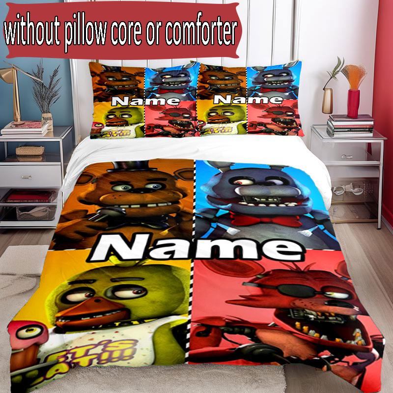3'lü Nevresim Takımı (1*Nevresim Kılıfı + 2*Yastık Kılıfı, Çekirdeksiz), Özel İsimli Five Nights at Freddy's Desenli Nevresim Takımı, Ev Yatak Odası Dekorasyonu Hediye
