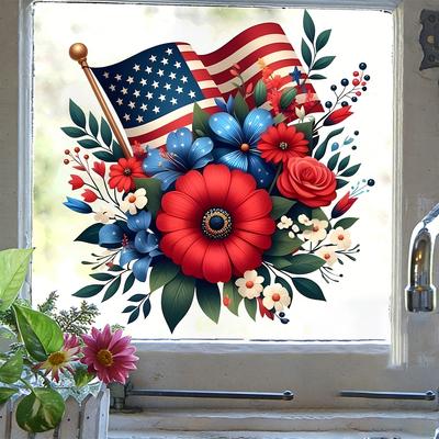 Creative American Flag Flower Static Cling Glass Sticker for Bedroom Living Room Balcony French Window Decor