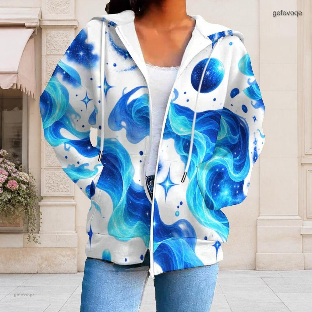 Women Plus Size Zip Up Hoodie Long Sleeve Drawstring Hood Swirl Print Pink Blue Purple With Pockets