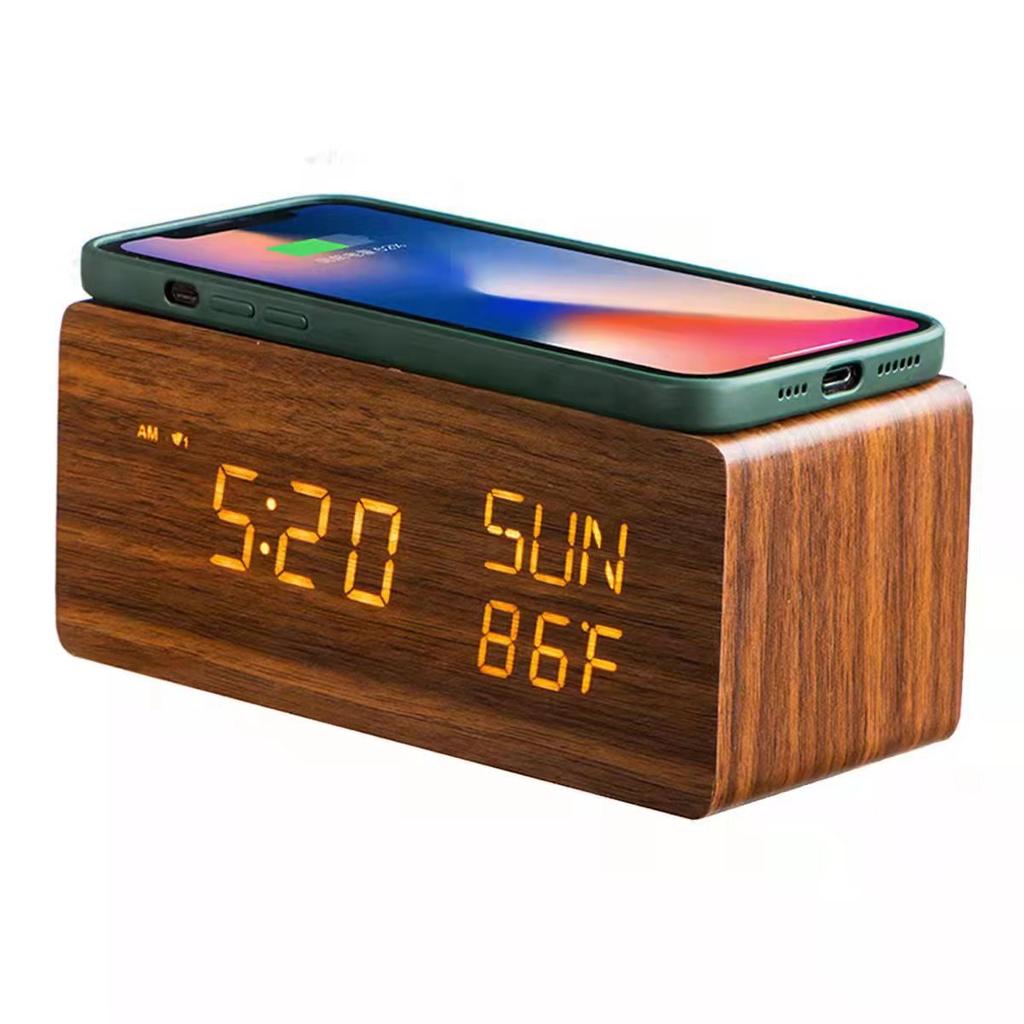 Wireless Charging Electronic Clock Creative Wooden Wireless Charging Clock Digital Clock Perpetual Calendar Sleep Alarm Clock