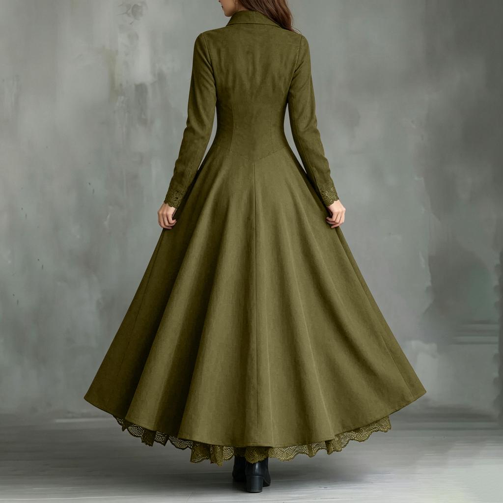Women’s Long Sleeve Vintage Style Faux Lace Trim Shirt Dress Inspired Elegant Maxi Dress Button Down Design