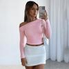 Women Shirt Diagonal Asymmetrical Solid Color Umbilical Top Long-sleeved Sexy Slim-fit T-shirt
