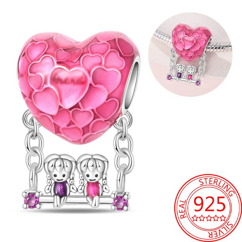 Breloque Pendentif Perles Cœur Rose Scintillant Cuivre Compatible Bracelet Original Pour Femmes Bijoux Cadeaux Saint-Valentin