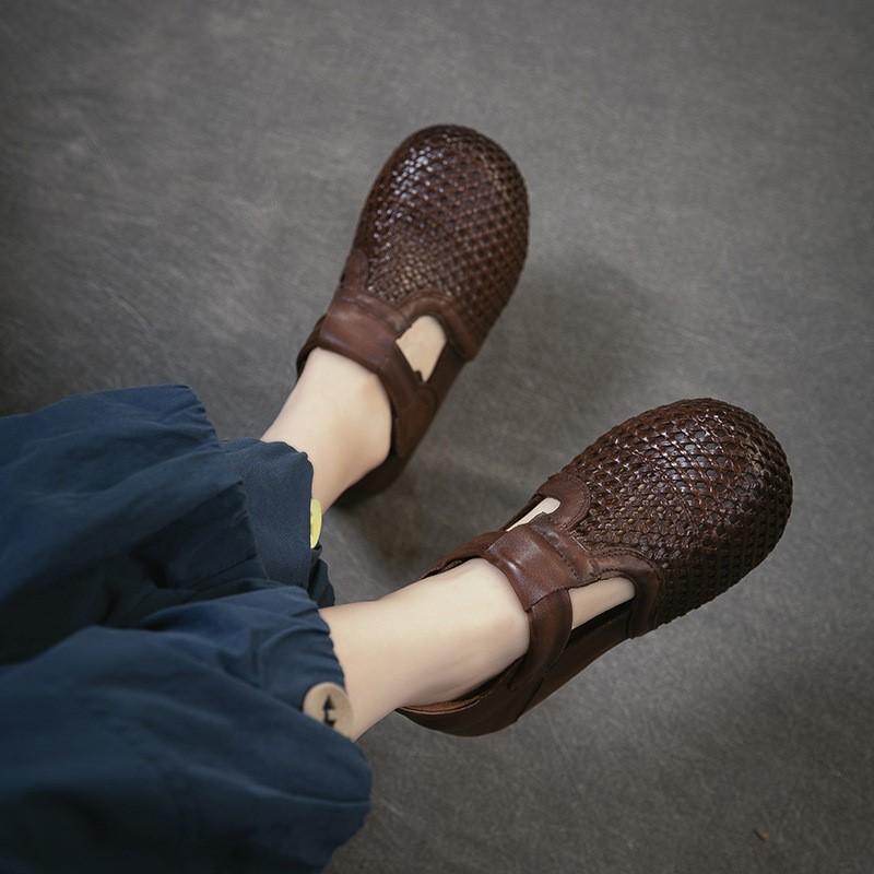 Johnature Genuine Leather Retro Woven Hollowed Out Height Increasing Sandals Comfortable Women's Shoes