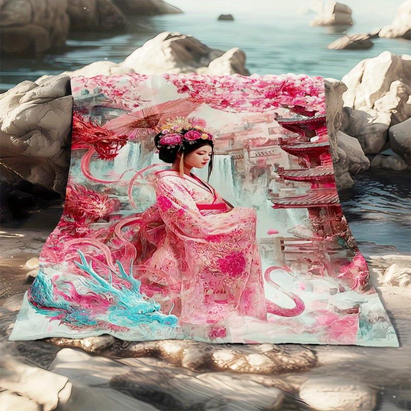 1pc Japanese Geisha Floral Blanket - Pink Cherry Blossoms And Dragon Pattern, Lightweight Fleece Throw for Home, Travel, Camping, Office - Elegant Jap