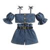 Girls' Fashion Set, Summer Children's Casual Strappy Top, High-waisted Shorts with Belt