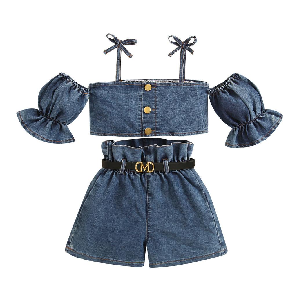 Girls' Fashion Set, Summer Children's Casual Strappy Top, High-waisted Shorts with Belt