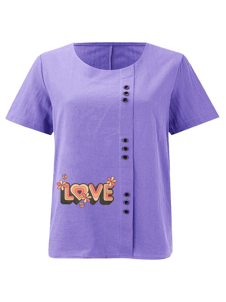 Women's Fashion Love Letters Print Casual Cotton Linen Short Sleeve Round Neck T-shirt Shirt Leisure Loose Summer Blouse Tops