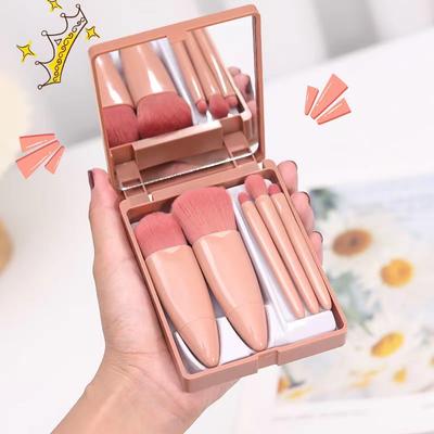 5-Piece Travel Makeup Brush Set with Mirror – Compact Blush, Powder, Foundation & Detail Brushes, Soft Synthetic Bristles