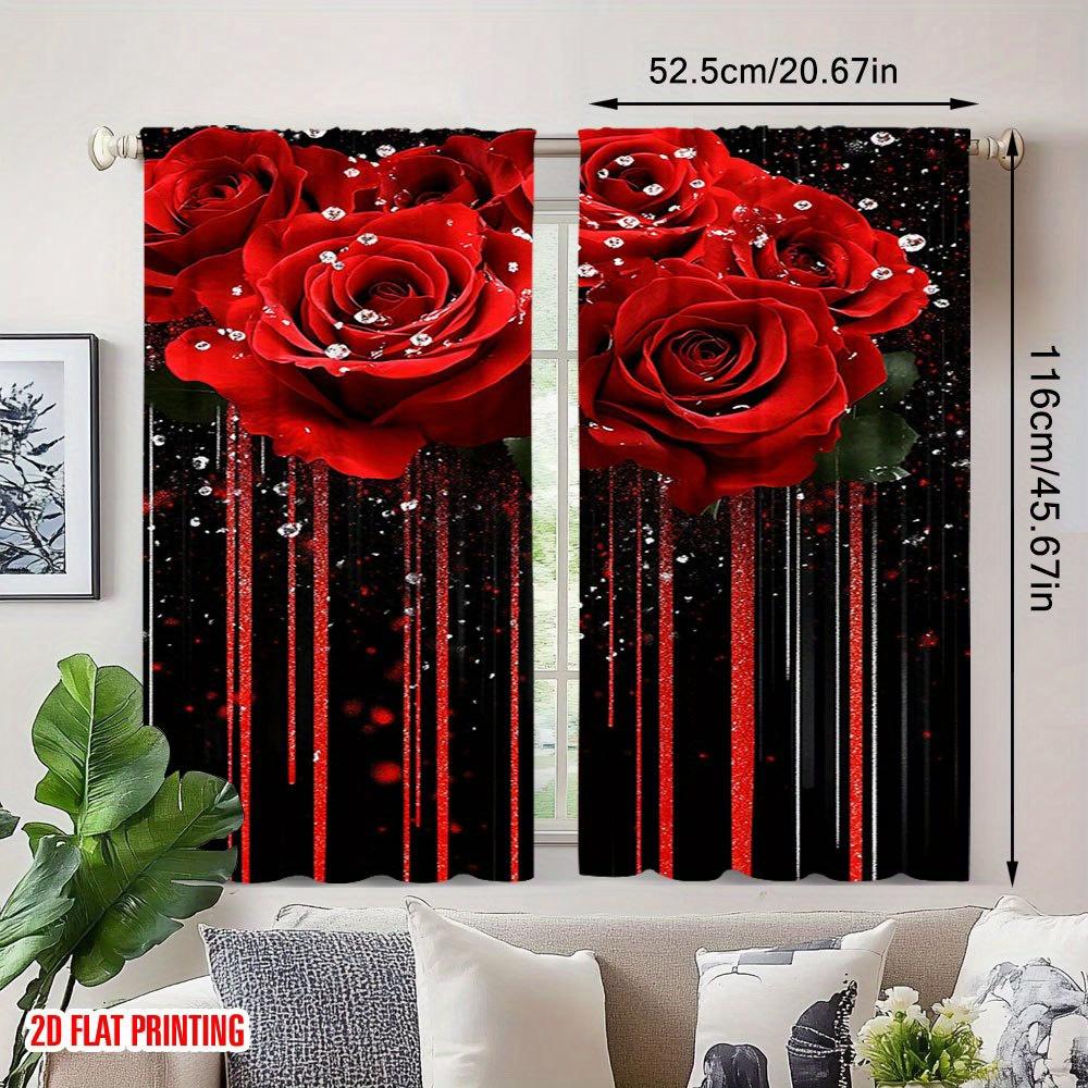 2Pcs Polyester Dimensional Red Roses Printing Window Curtains Birthday Party Decoration Backdrop Drapes for Living Room