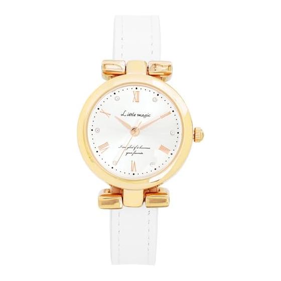 

[Little Magic] Women s Watch, Genuine Leather, Waterproof, Gold Face, Zirconia, Metal Allergy Compatible, White