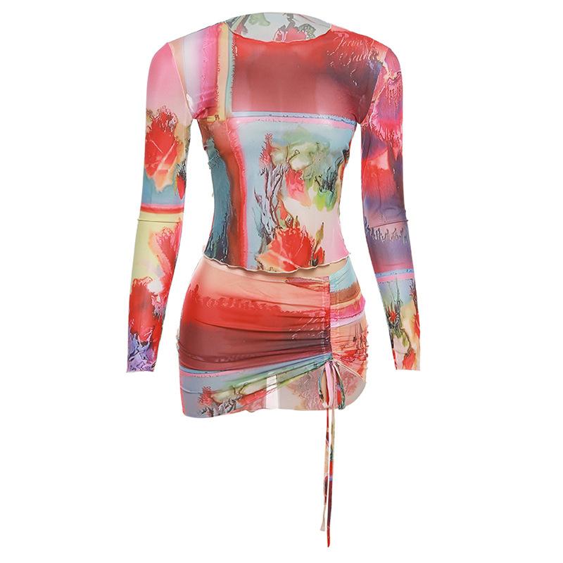 

Женский сексуальный укороченный топ без рукавов с цветочным принтом и сетчатая юбка с высокой талией - стильный летний наряд из двух предметов L красный