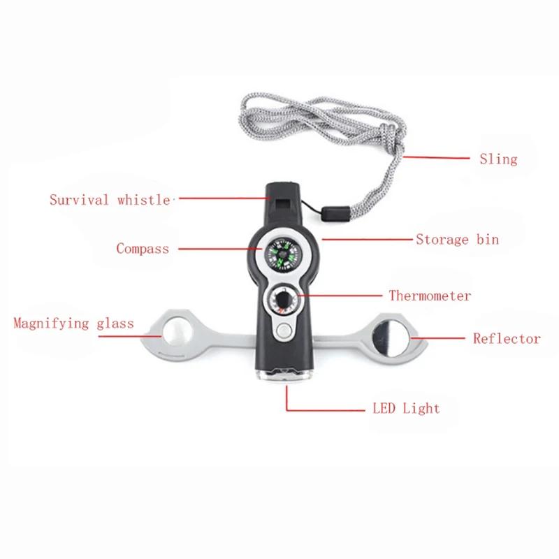 7-in-1 Multifunktionspfeife Outdoor-Kompass Thermometer LED-Licht Überlebens-Taschenlampe Rückspiegel Lupe