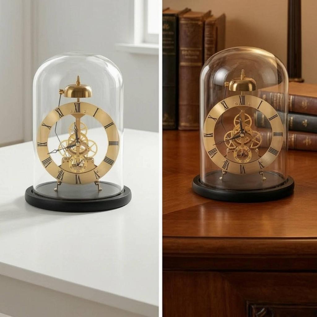 Clock with Clear Dome Roman Numeral Decorative Mechanical Desk Ornament for Living Room,