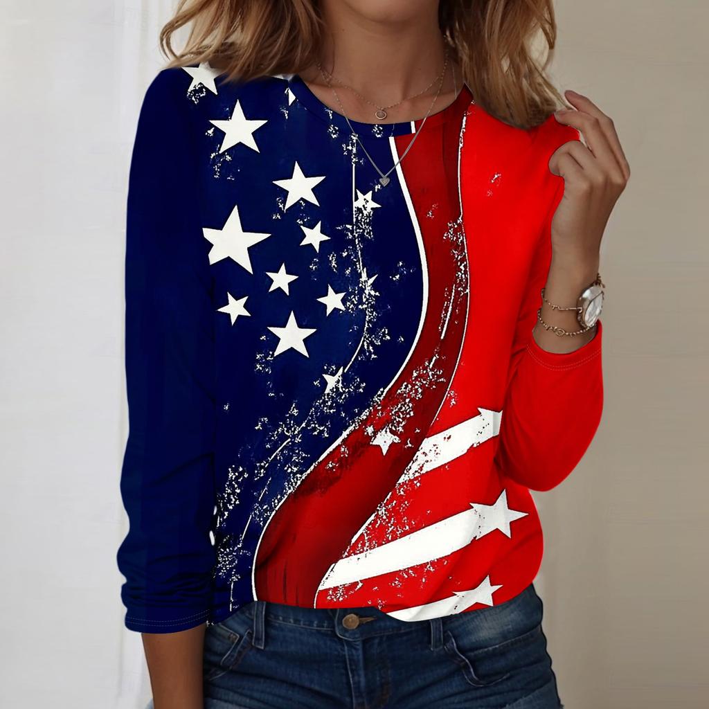 Damen Casual Langarm Rundhals Oberteil Unabhängigkeitstag Blumenprint Leichter Pullover für den Alltag