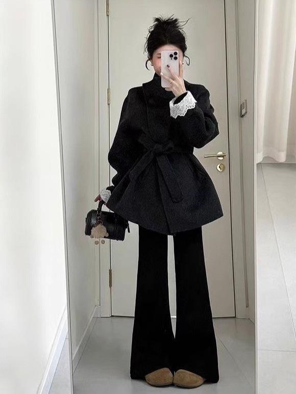 Winter 2025 Petite Deep Grey Wool Coat - Women's Thickened, Stylish Outerwear