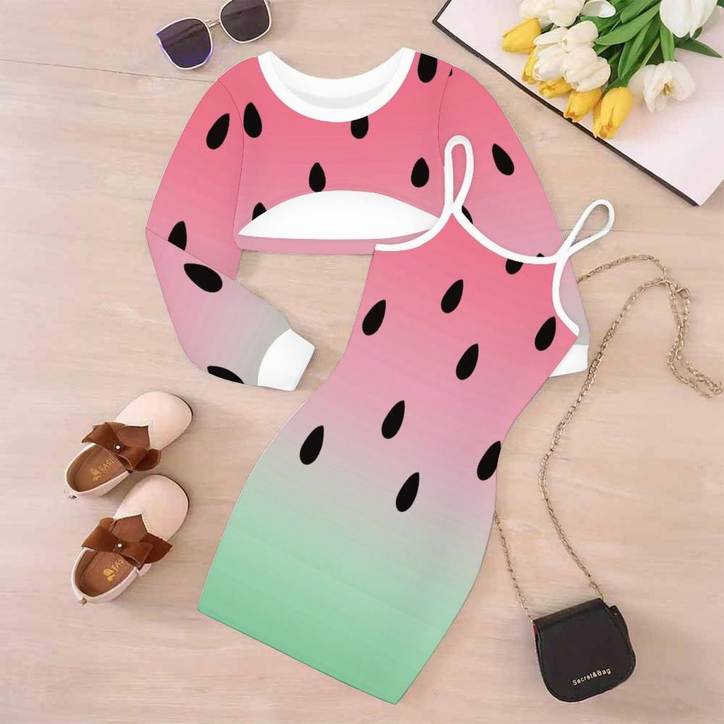 Girls Cartoon 2 Piece Outfits, Long Sleeve Crop Top + Spaghetti Strap Bodycon Dress, Multicolor Garden Print Party Dress Set