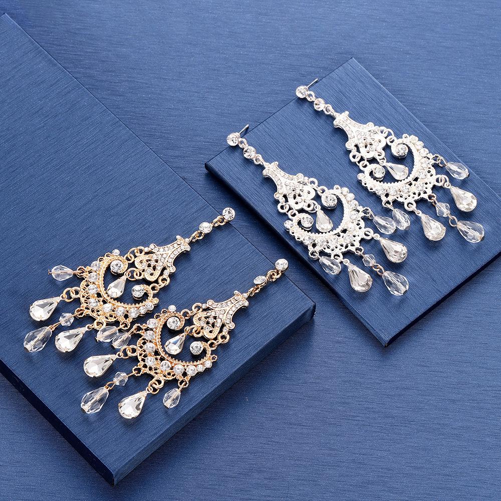 Exaggerated Crystal Golden Long-style Bridal Earrings for Wedding Ceremony and Banquet Dress Accessories