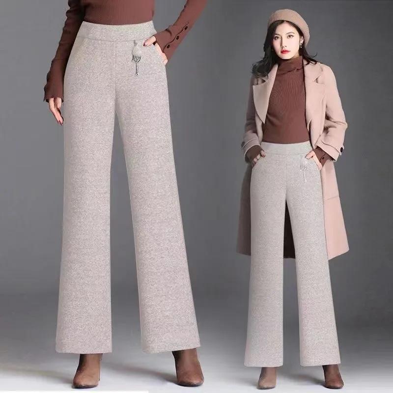 Women Autumn and Winter Straight Vintage Pants Elastic High Waist Casual Trousers