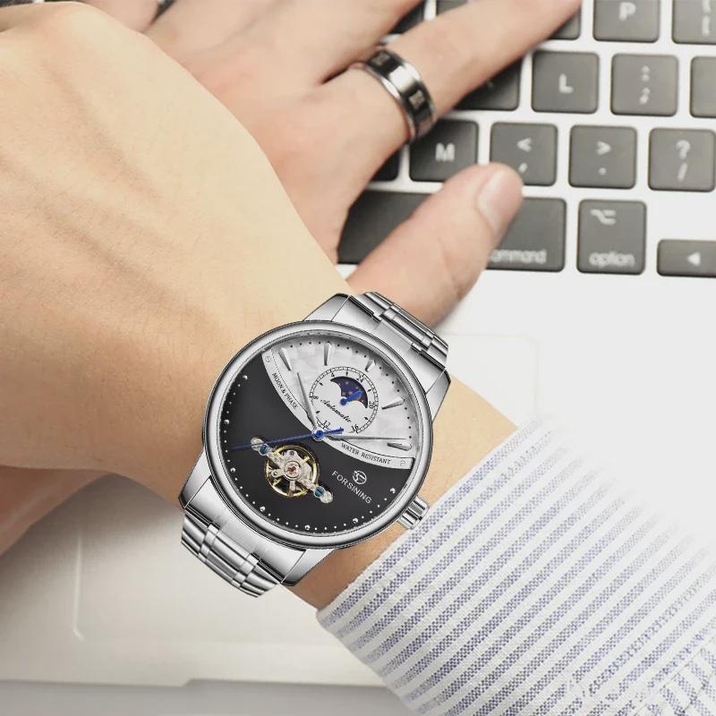 FORSINING Men's Moon Phase Tourbillon Watch Luxury Self-wind Mechanical Automatic Waterproof Retro Watches Stainless Steel Band Wristwatch