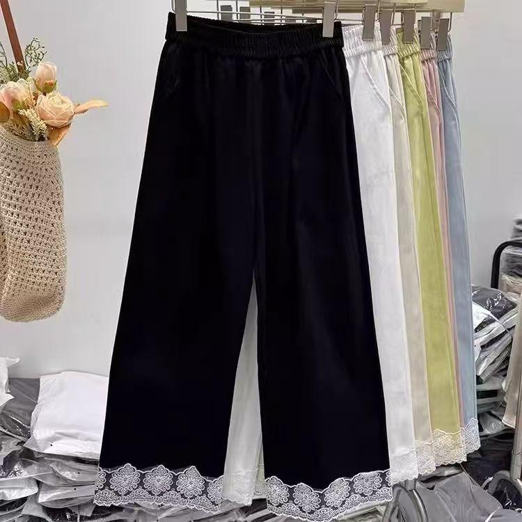 Damen High-Waist Spitzen-Patchwork Weite Hosen - Schlankmachend, Lässig, Verkürzter Gerader Schnitt