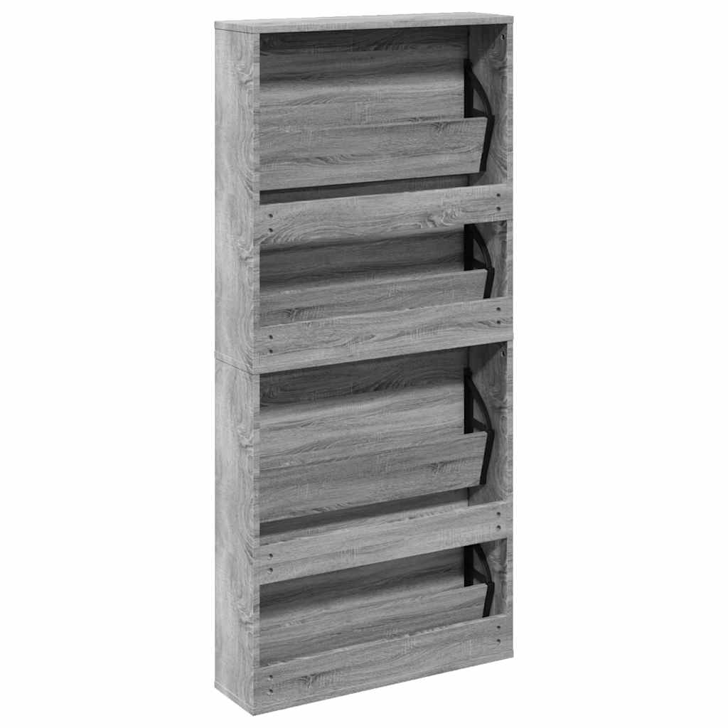 Shoe Cabinet with Mirror 4 Flip Down Compartments Grey Sonoma 63 x 17 x 134 cm